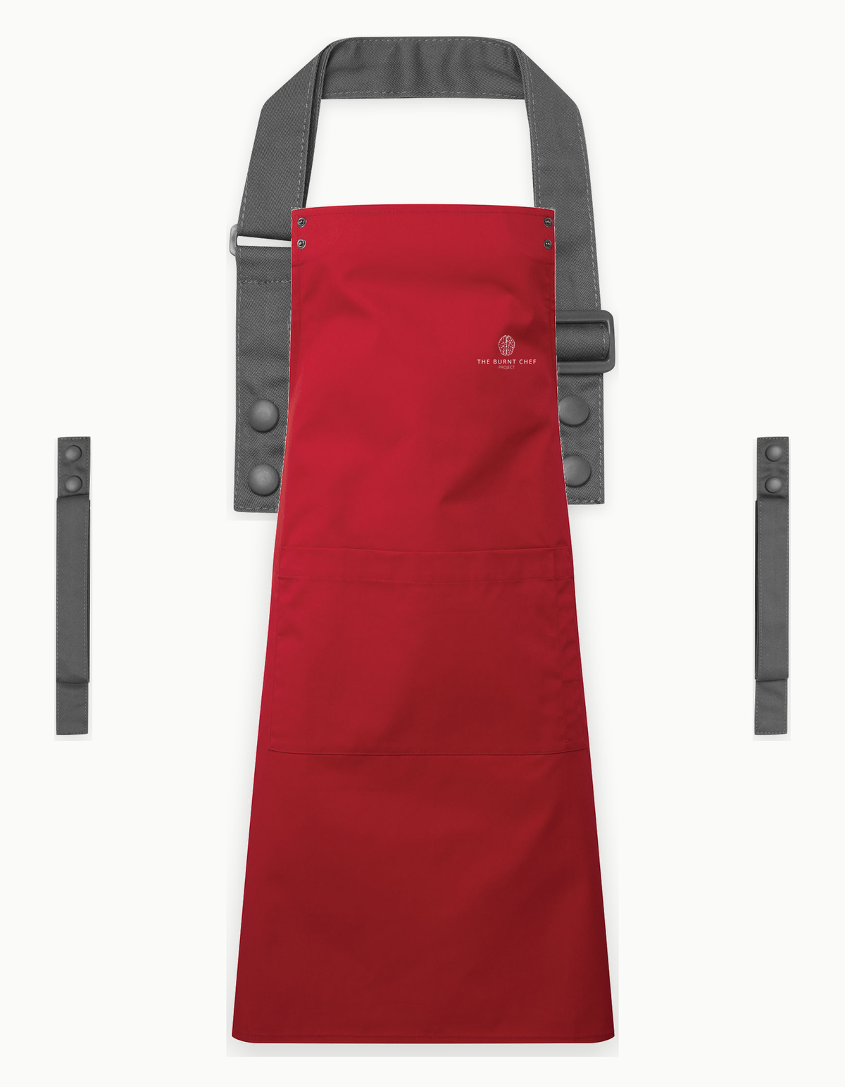 Red Swap & Pop apron with Dark Grey straps, left chest logo