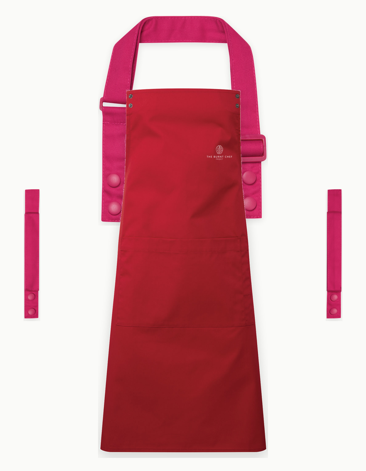 Red Swap & Pop apron with Hot Pink straps, left chest logo