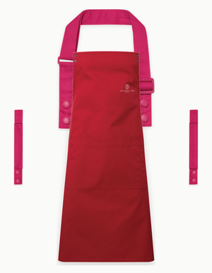 Red Swap & Pop apron with Hot Pink straps, left chest logo