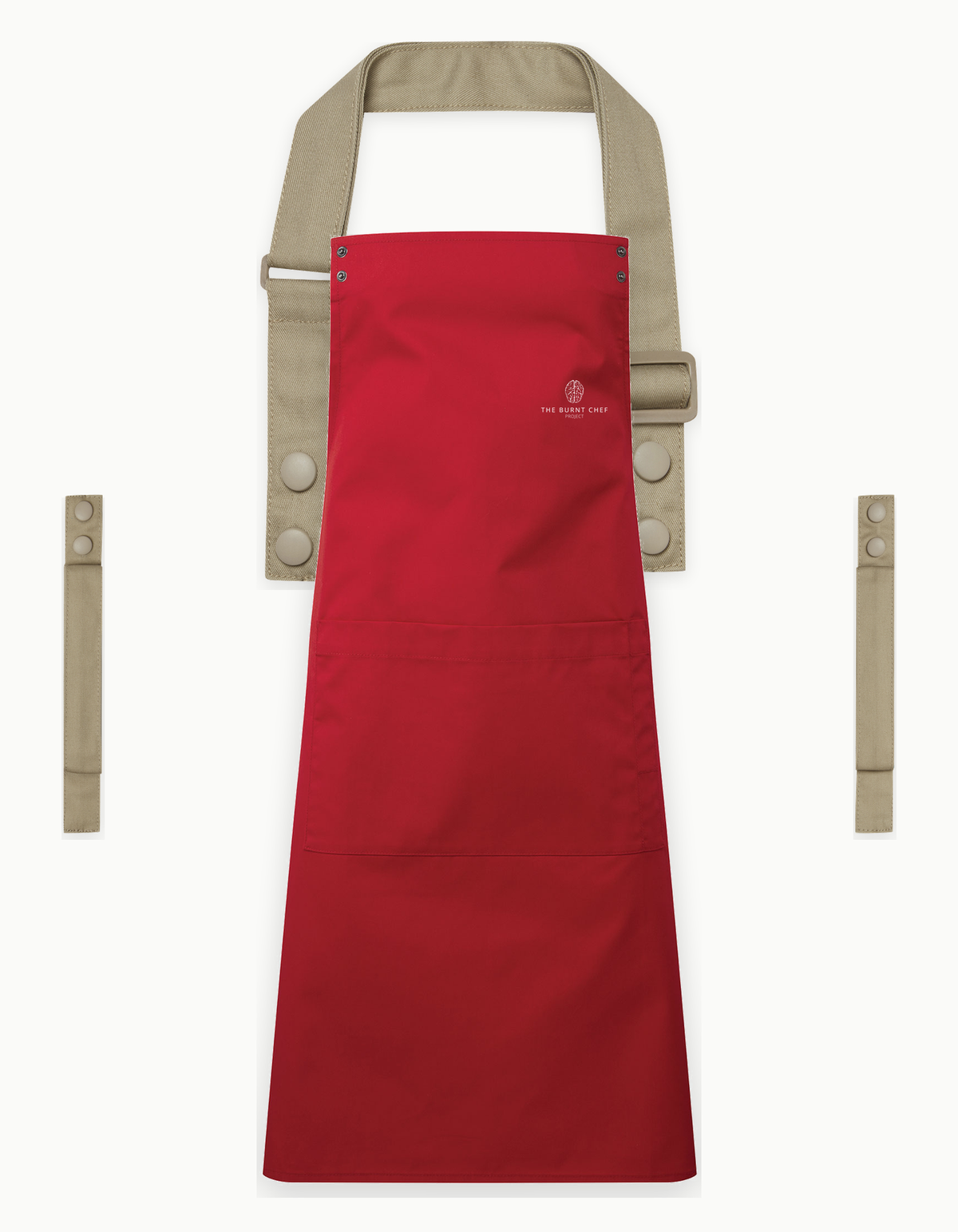Red Swap & Pop apron with Khaki straps, left chest logo