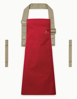 Red Swap & Pop apron with Khaki straps, left chest logo