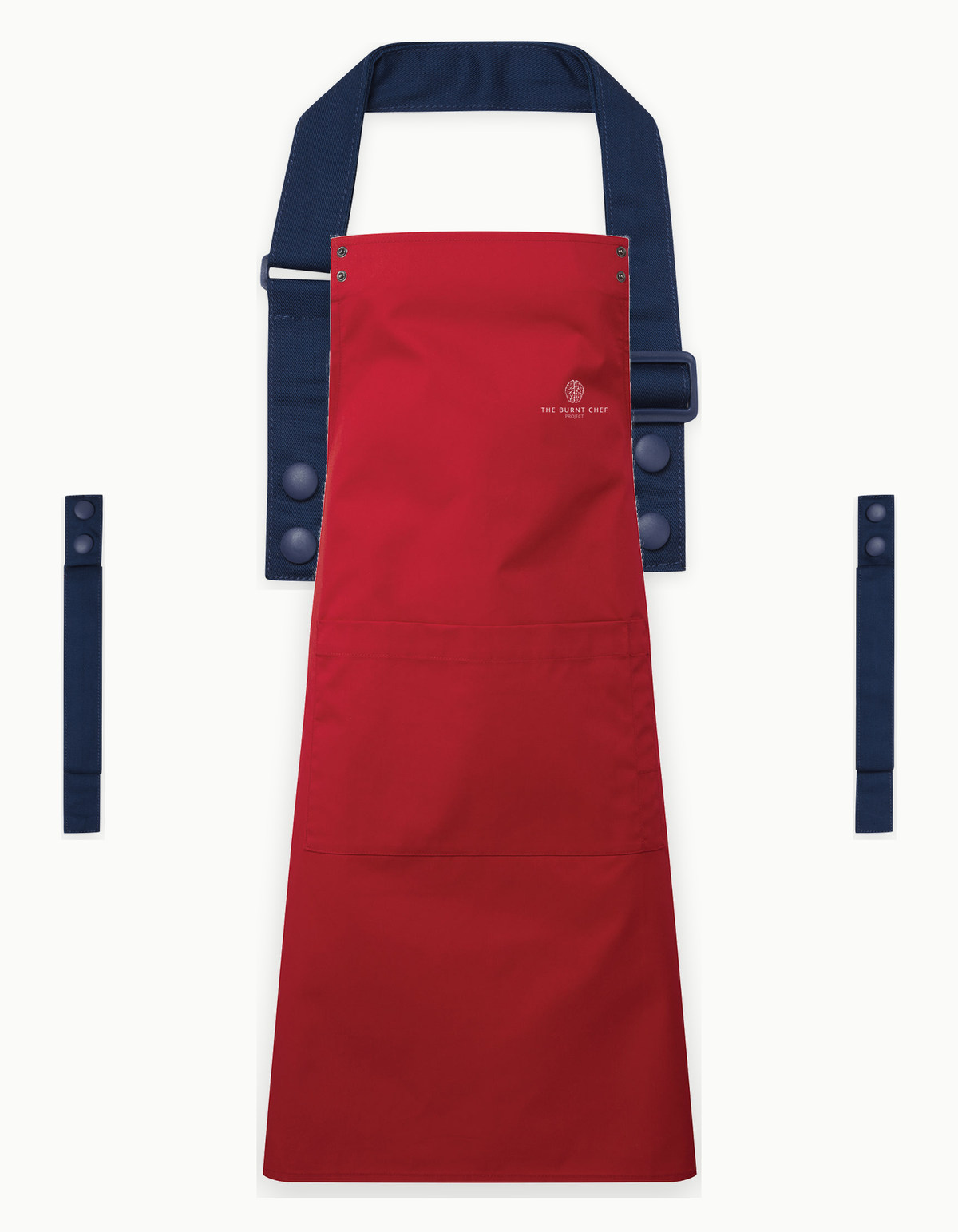 Red Swap & Pop apron with Navy straps, left chest logo