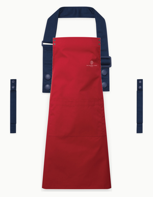 Red Swap & Pop apron with Navy straps, left chest logo