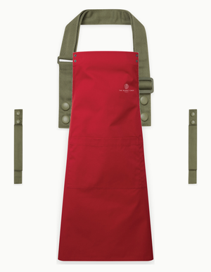 Red Swap & Pop apron with Olive straps, left chest logo