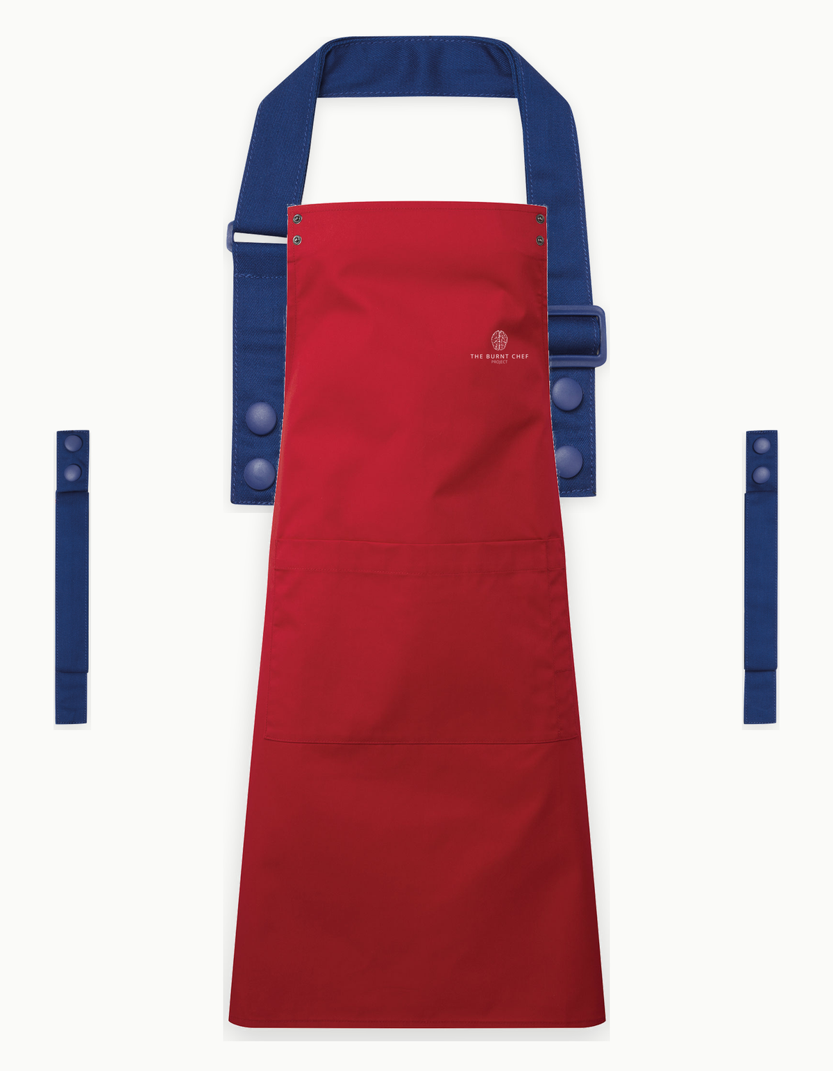 Red Swap & Pop apron with Royal Blue straps, left chest logo