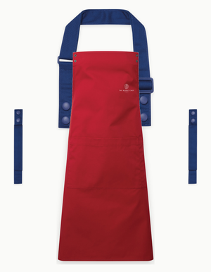 Red Swap & Pop apron with Royal Blue straps, left chest logo