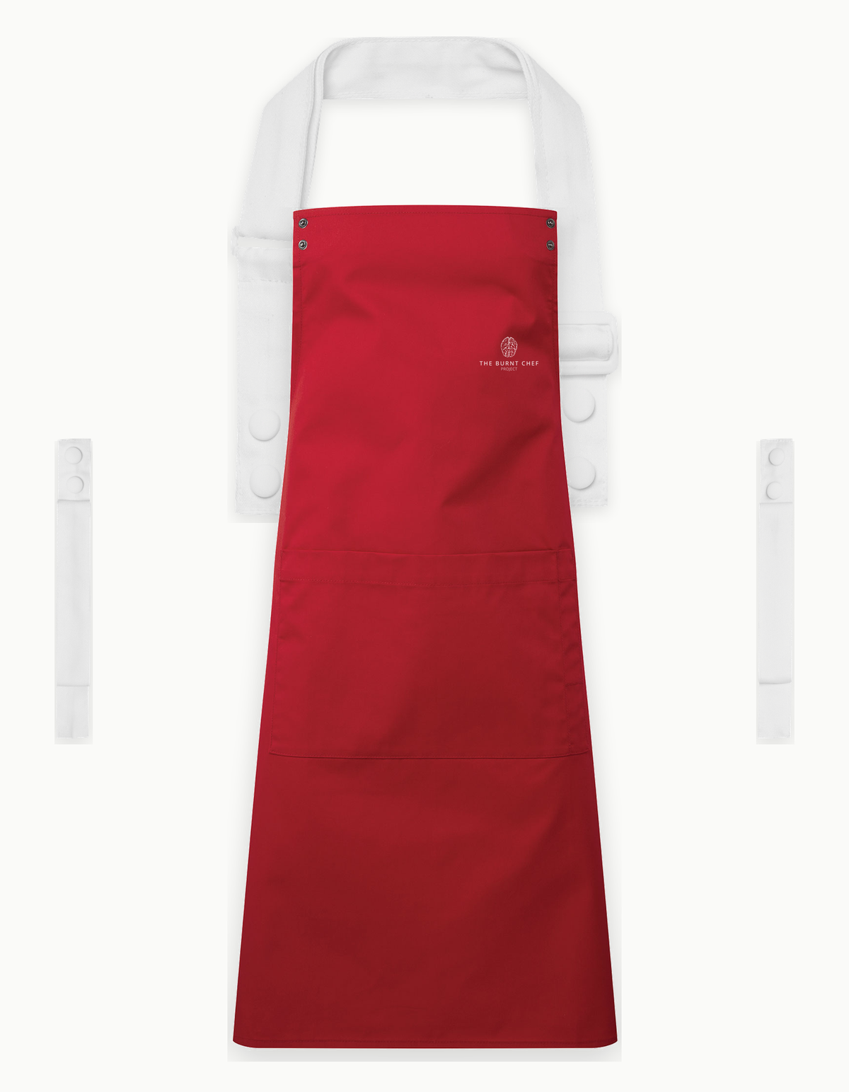 Red Swap & Pop apron with White straps, left chest logo