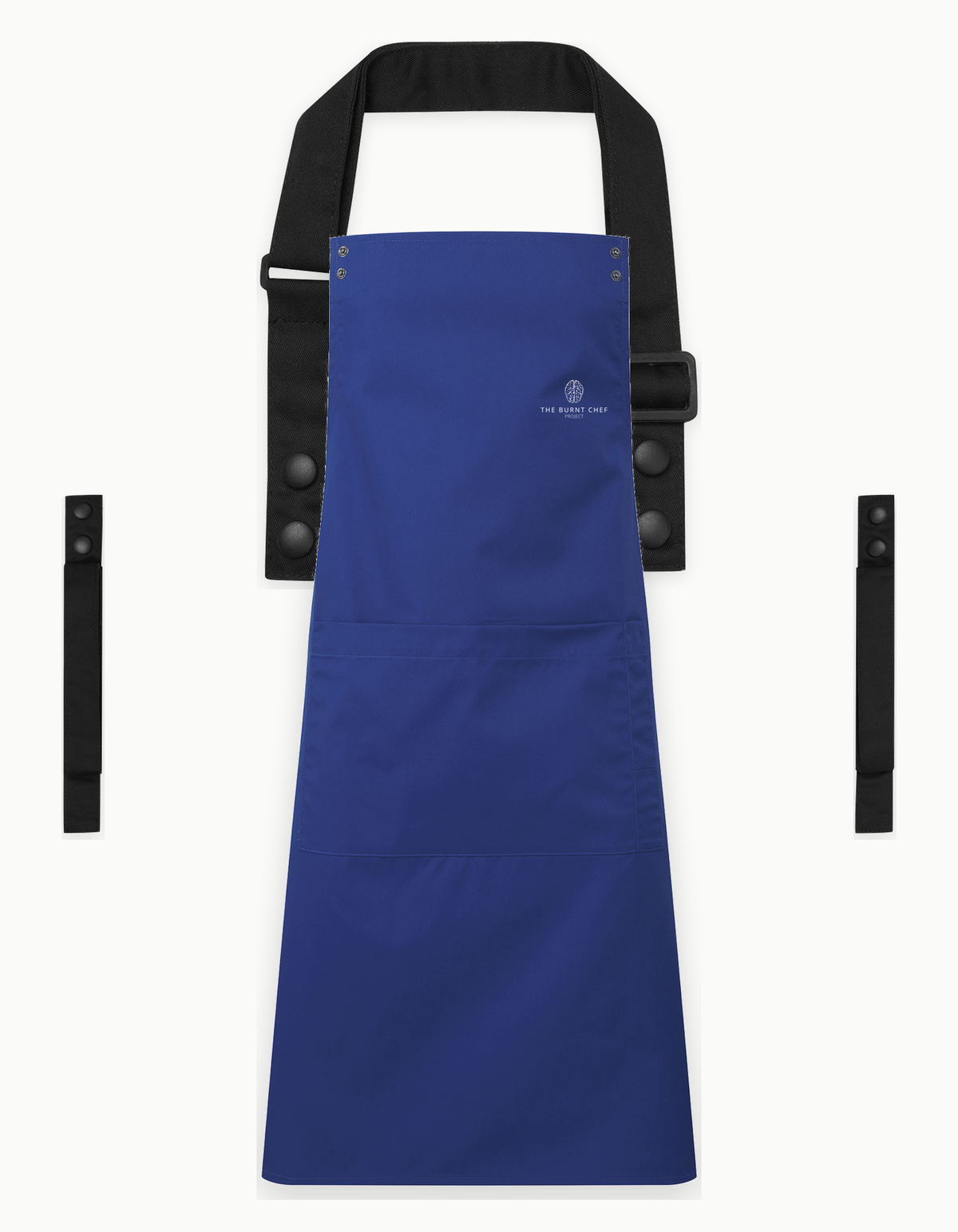 Royal Blue Swap & Pop apron with Black straps, left chest logo
