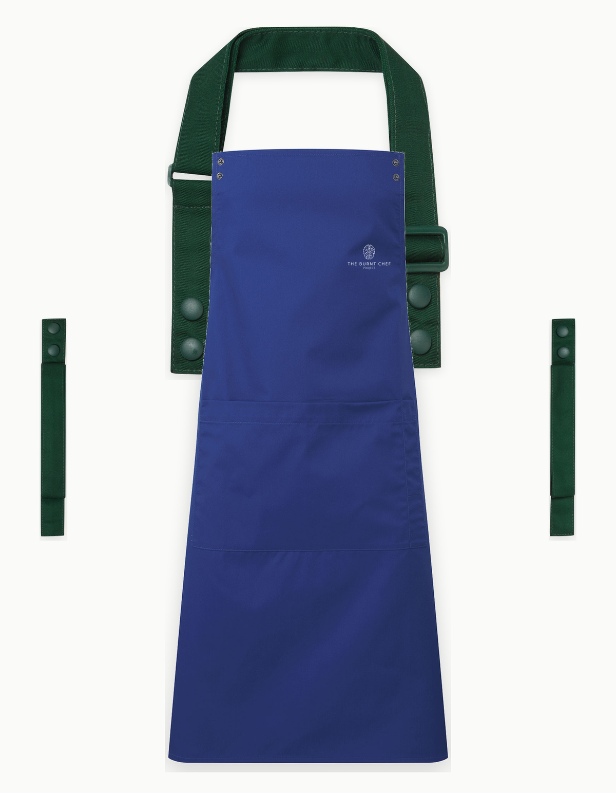 Royal Blue Swap & Pop apron with Bottle Green straps, left chest logo