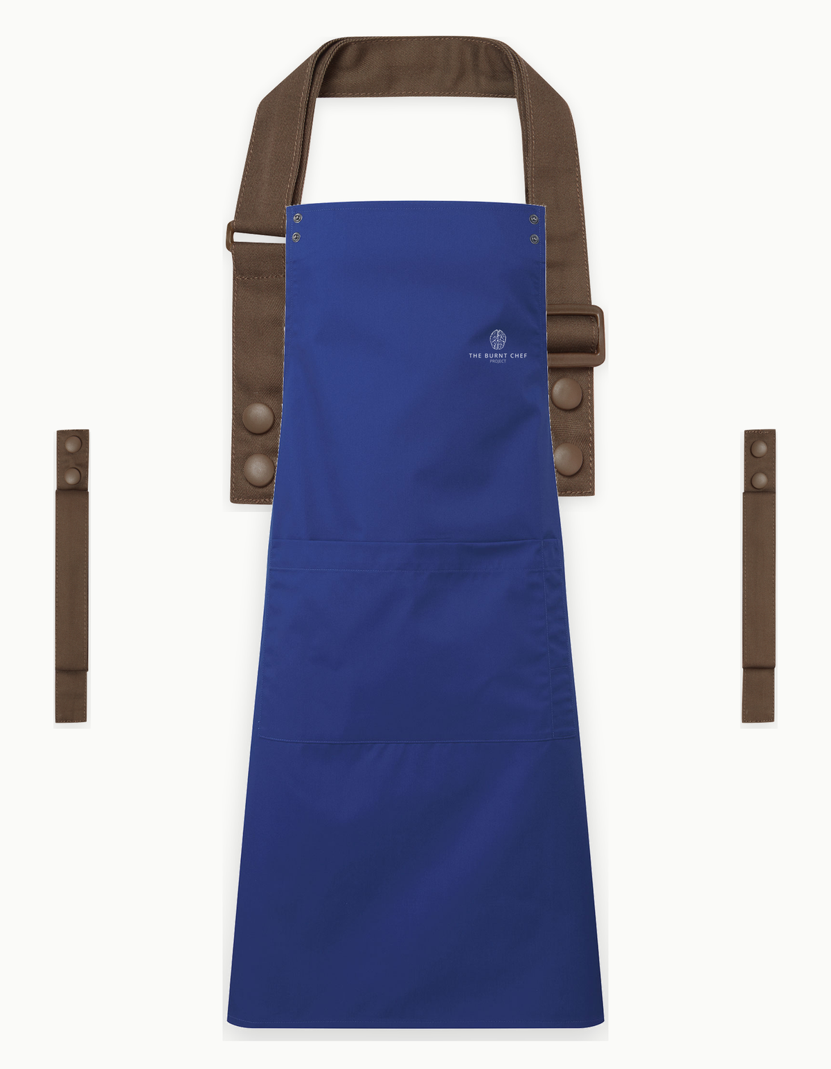Royal Blue Swap & Pop apron with Brown straps, left chest logo