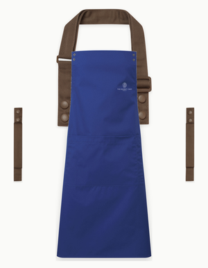 Royal Blue Swap & Pop apron with Brown straps, left chest logo