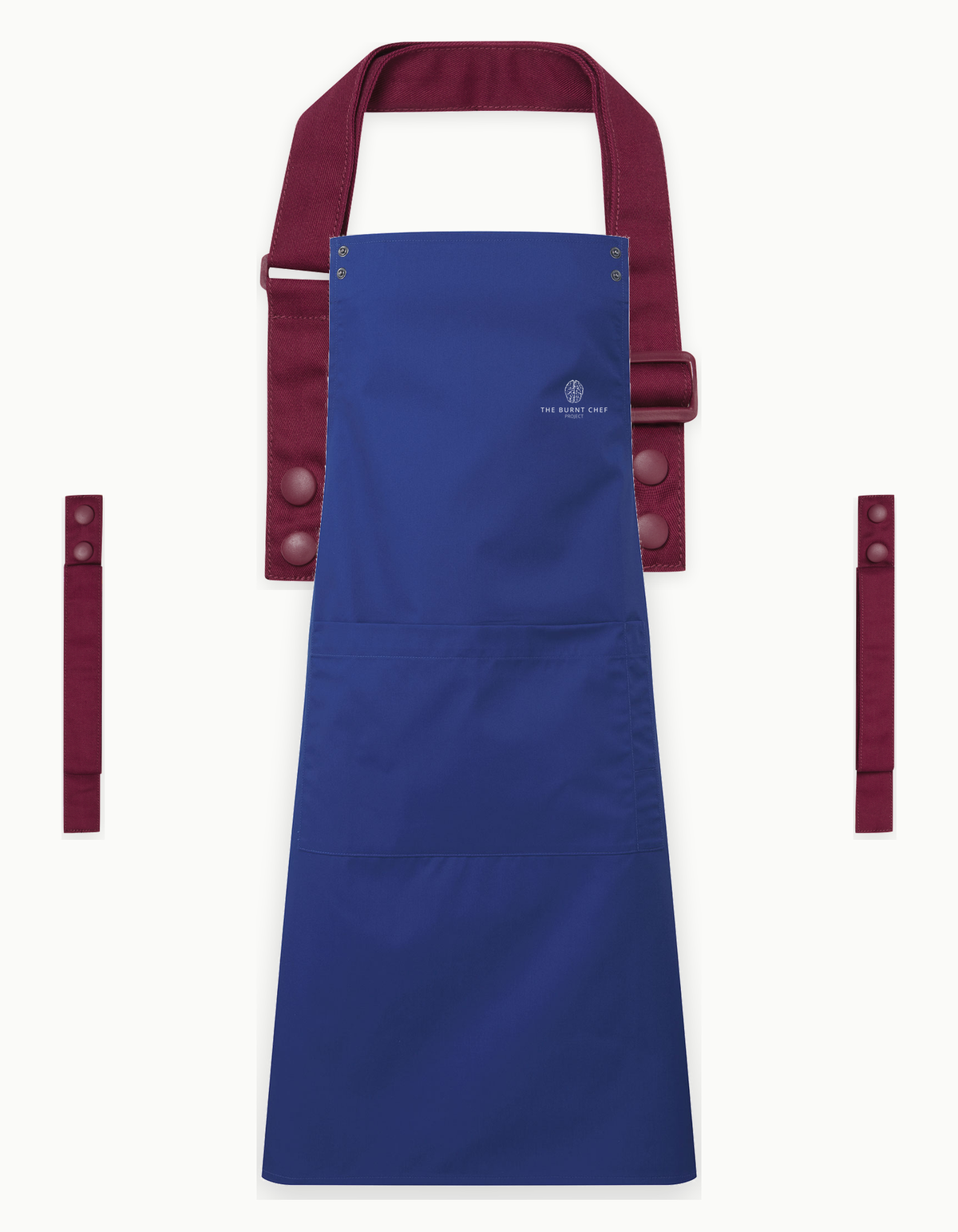 Royal Blue Swap & Pop apron with Burgundy straps, left chest logo