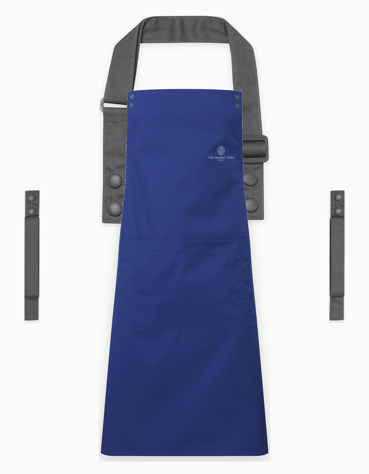 Royal Blue Swap & Pop apron with Dark Grey straps, left chest logo