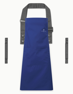 Royal Blue Swap & Pop apron with Dark Grey straps, left chest logo