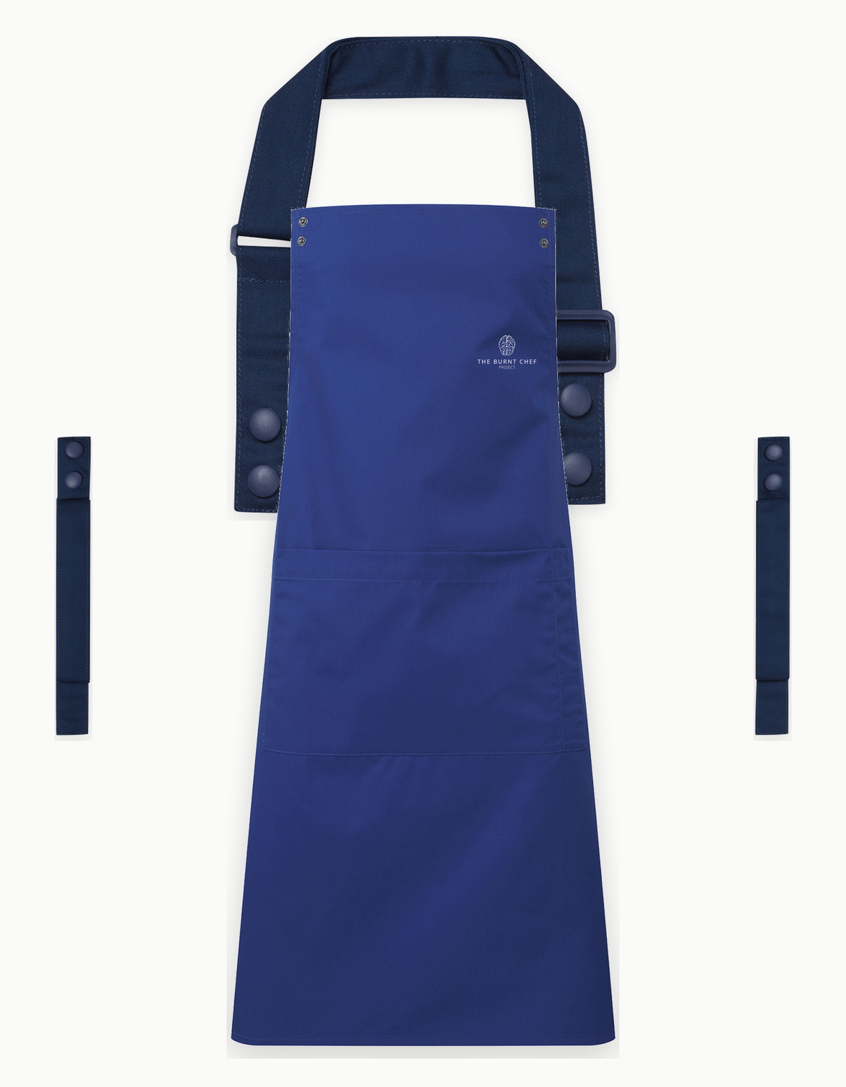 Royal Blue Swap & Pop apron with Navy straps, left chest logo