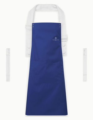 Royal Blue Swap & Pop apron with White straps, left chest logo